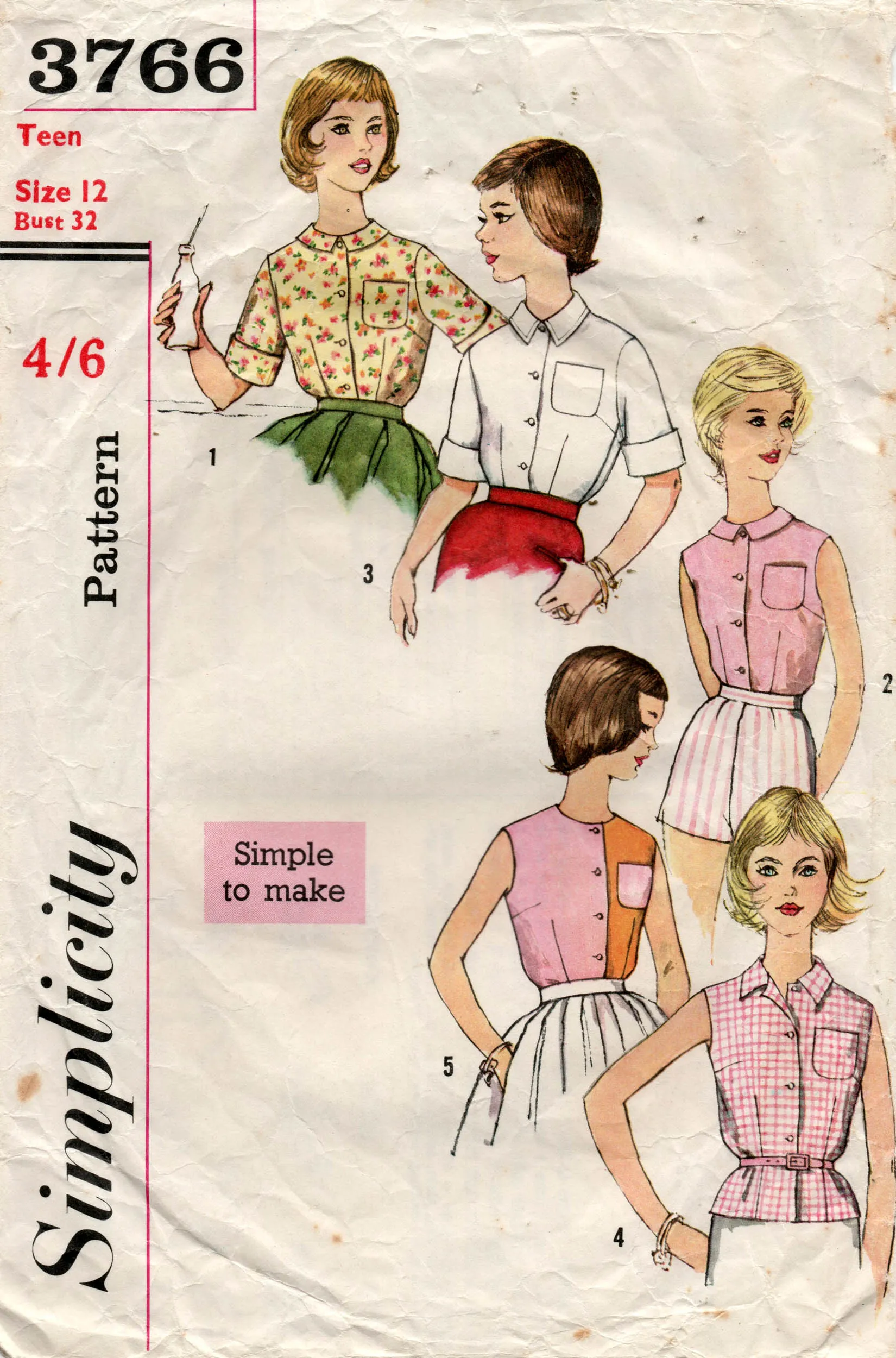 Simplicity 3766 Teen Girls Summer Blouses 1960s Vintage Sewing Pattern Size 12 Bust 32 inches