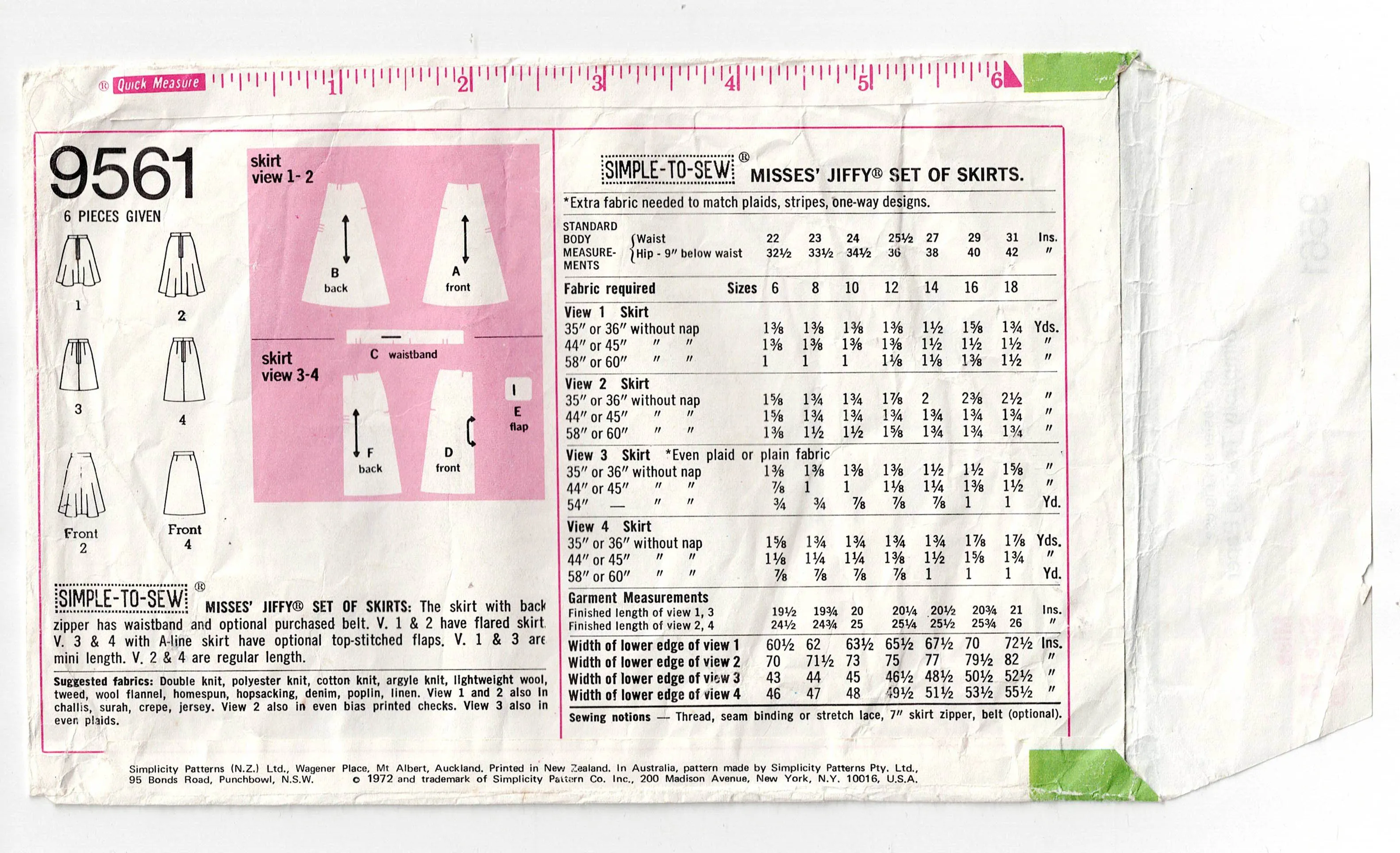 Simplicity 9561 Womens JIFFY Mini or Regular Length Skirts 1970s Vintage Sewing Pattern Multiple Sizes