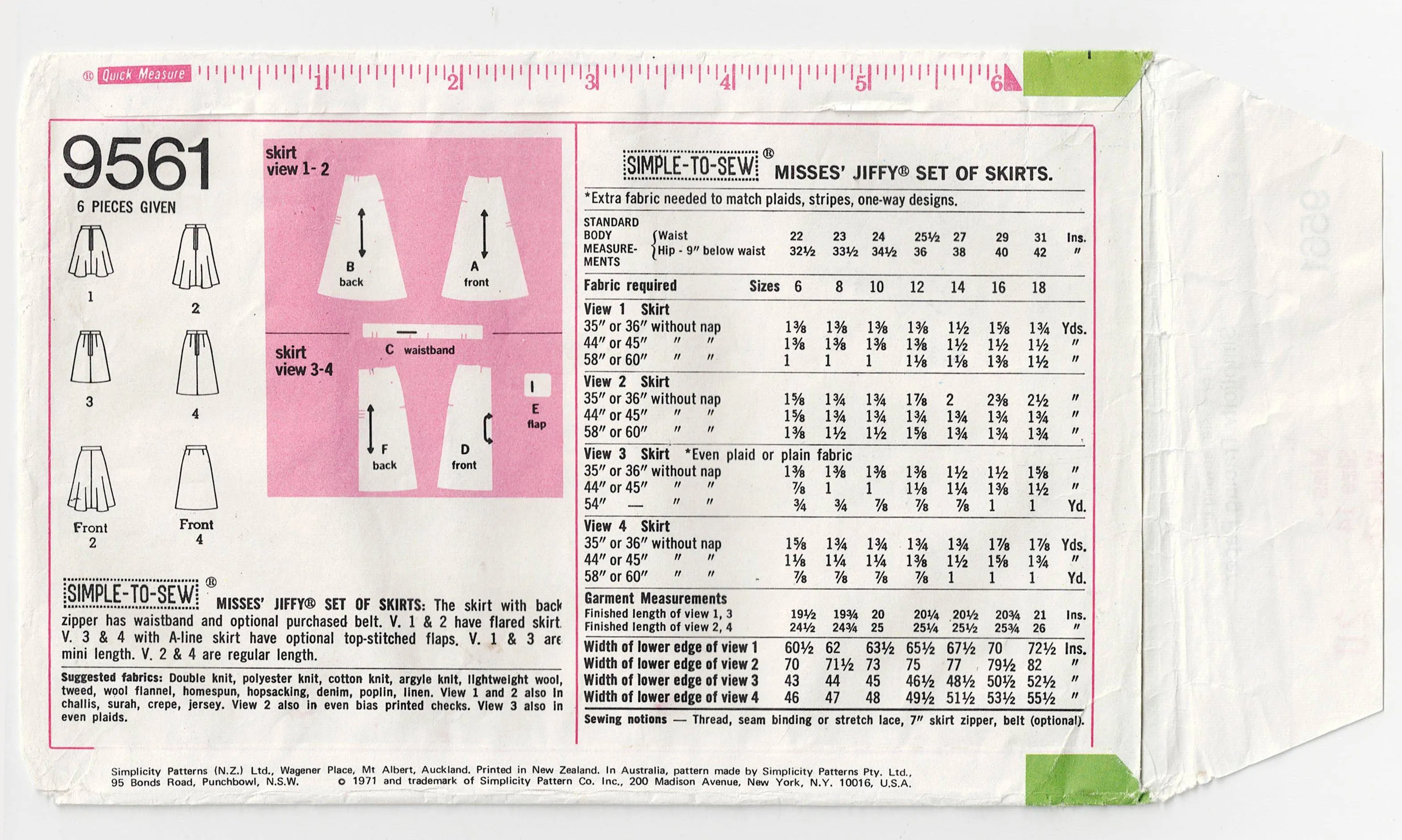 Simplicity 9561 Womens JIFFY Mini or Regular Length Skirts 1970s Vintage Sewing Pattern Multiple Sizes