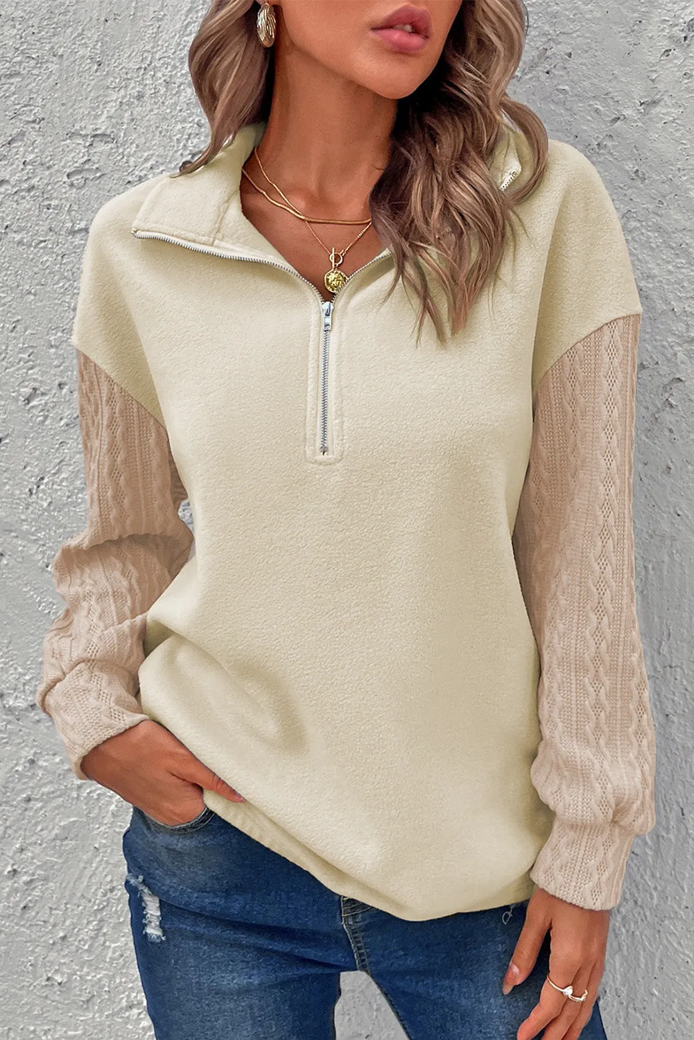 Skye Zip-Up Dropped Shoulder Cable-Knit Sweatshirt