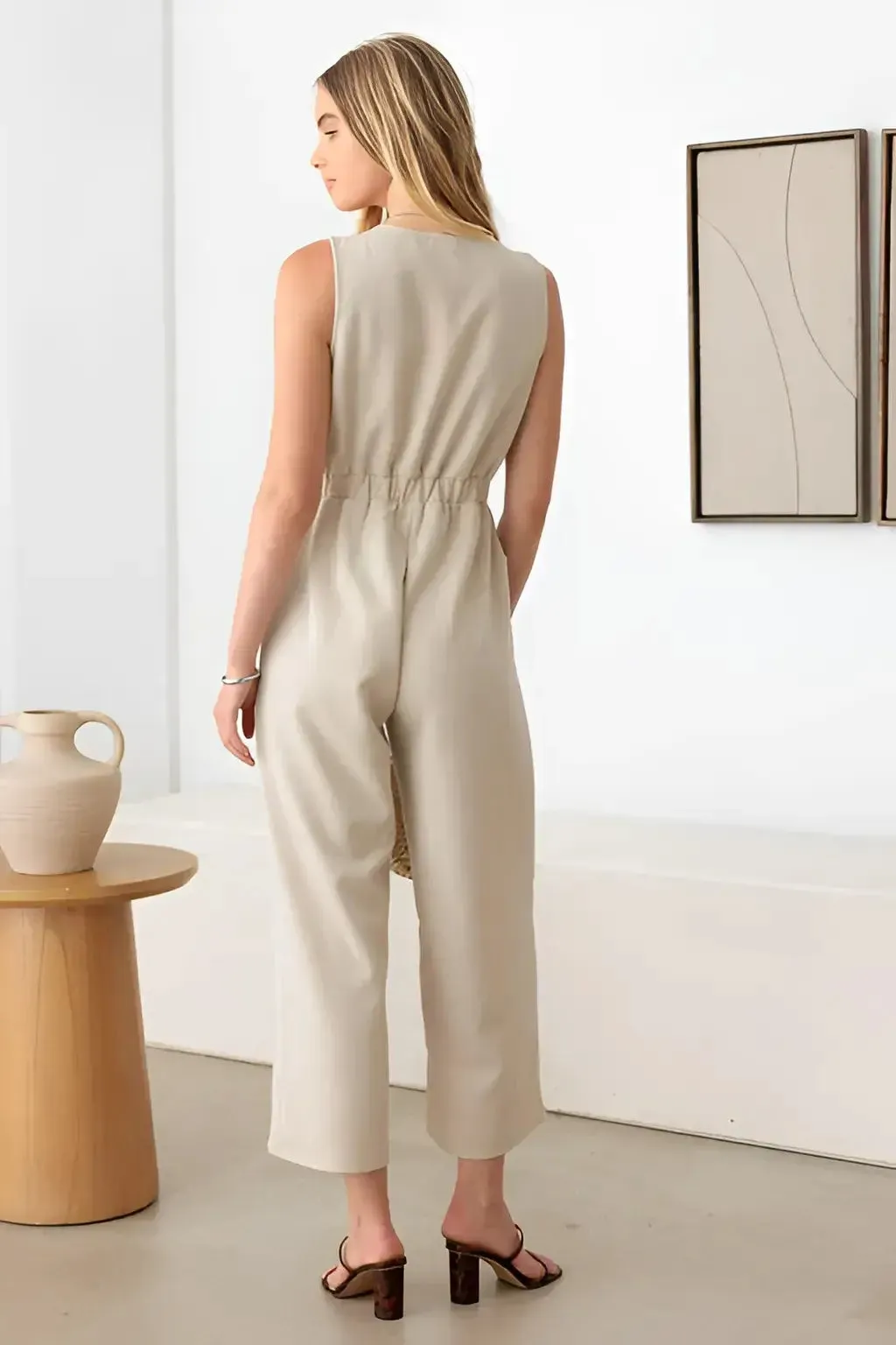 SLEEVELESS FRONT ZIPPER WIDE LEG JUMPSUIT