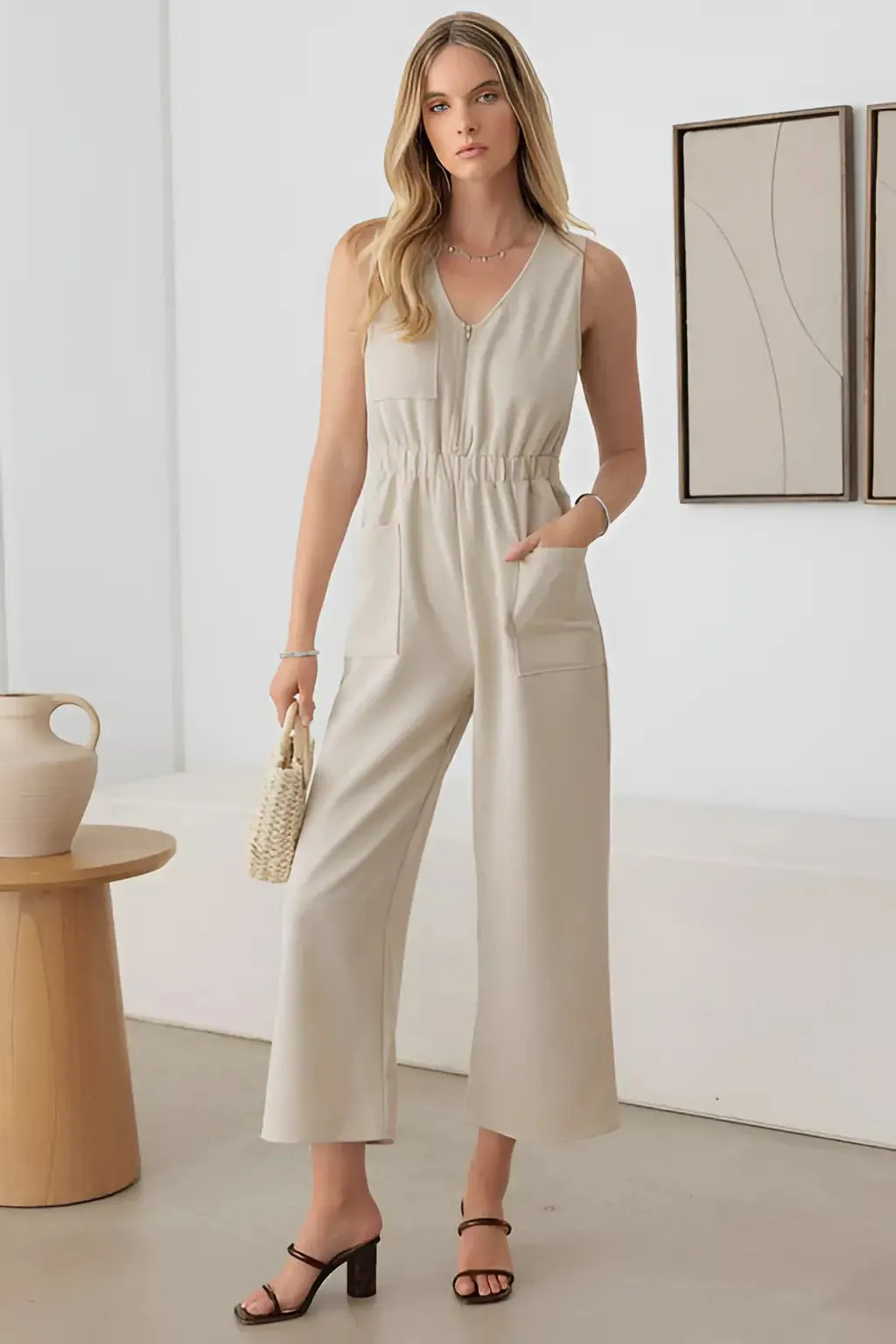 SLEEVELESS FRONT ZIPPER WIDE LEG JUMPSUIT