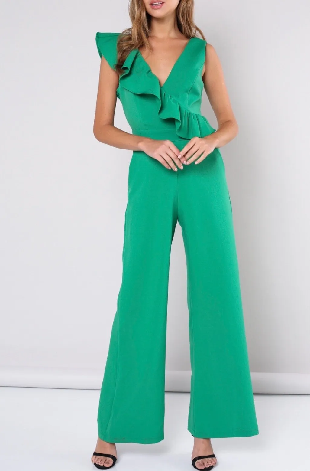 Sleeveless V Neck Ruffle Wide Leg Jumpsuit