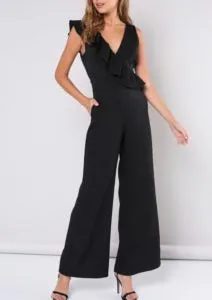 Sleeveless V Neck Ruffle Wide Leg Jumpsuit