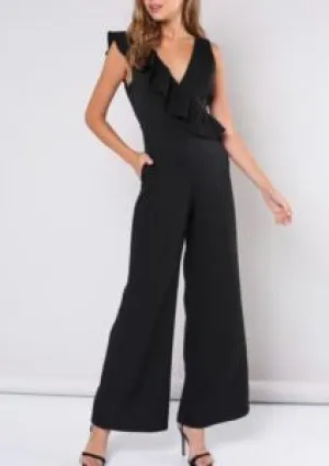 Sleeveless V Neck Ruffle Wide Leg Jumpsuit