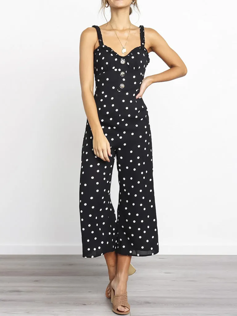 Slim-fit Polka-dot Lace Sling Pocket Wide Leg Jumpsuit