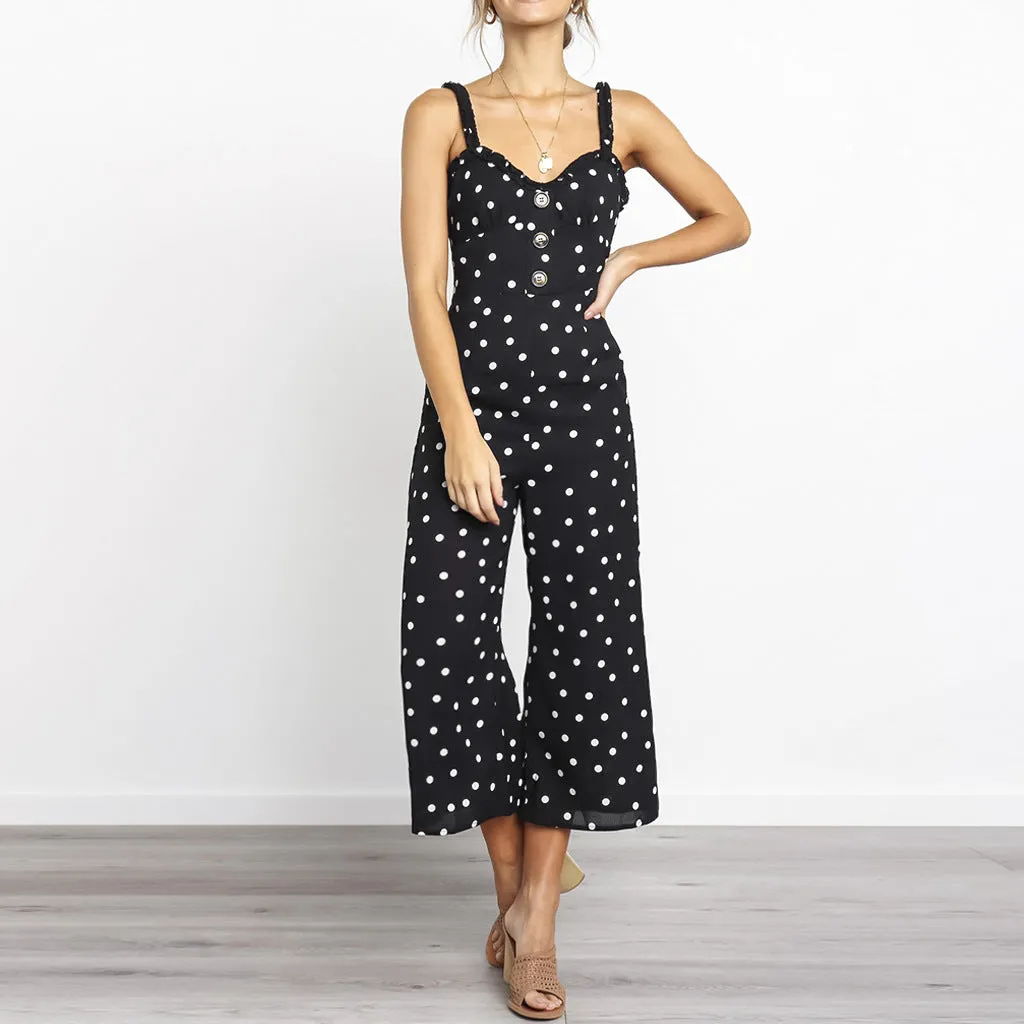 Slim-fit Polka-dot Lace Sling Pocket Wide Leg Jumpsuit
