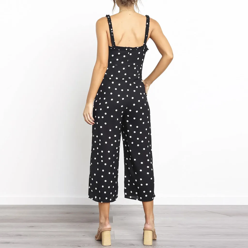 Slim-fit Polka-dot Lace Sling Pocket Wide Leg Jumpsuit