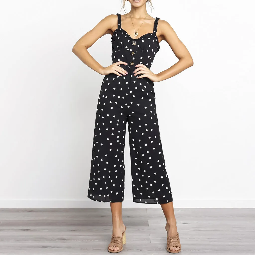 Slim-fit Polka-dot Lace Sling Pocket Wide Leg Jumpsuit