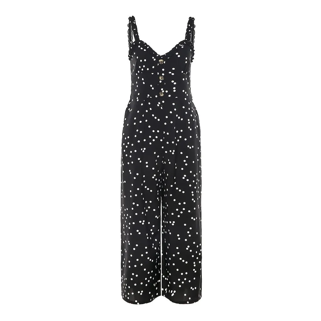 Slim-fit Polka-dot Lace Sling Pocket Wide Leg Jumpsuit