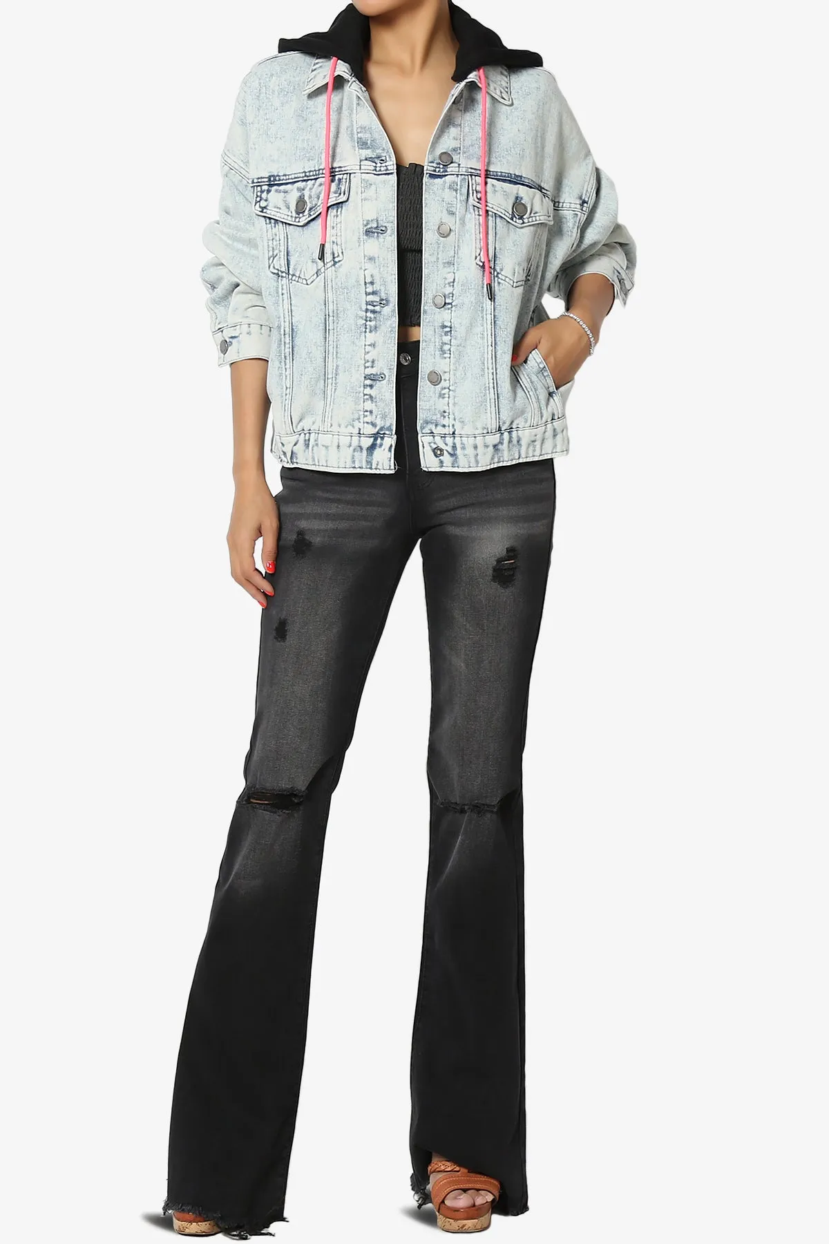 Snazzy High Rise Knee Destroy Flare Jeans BLACK