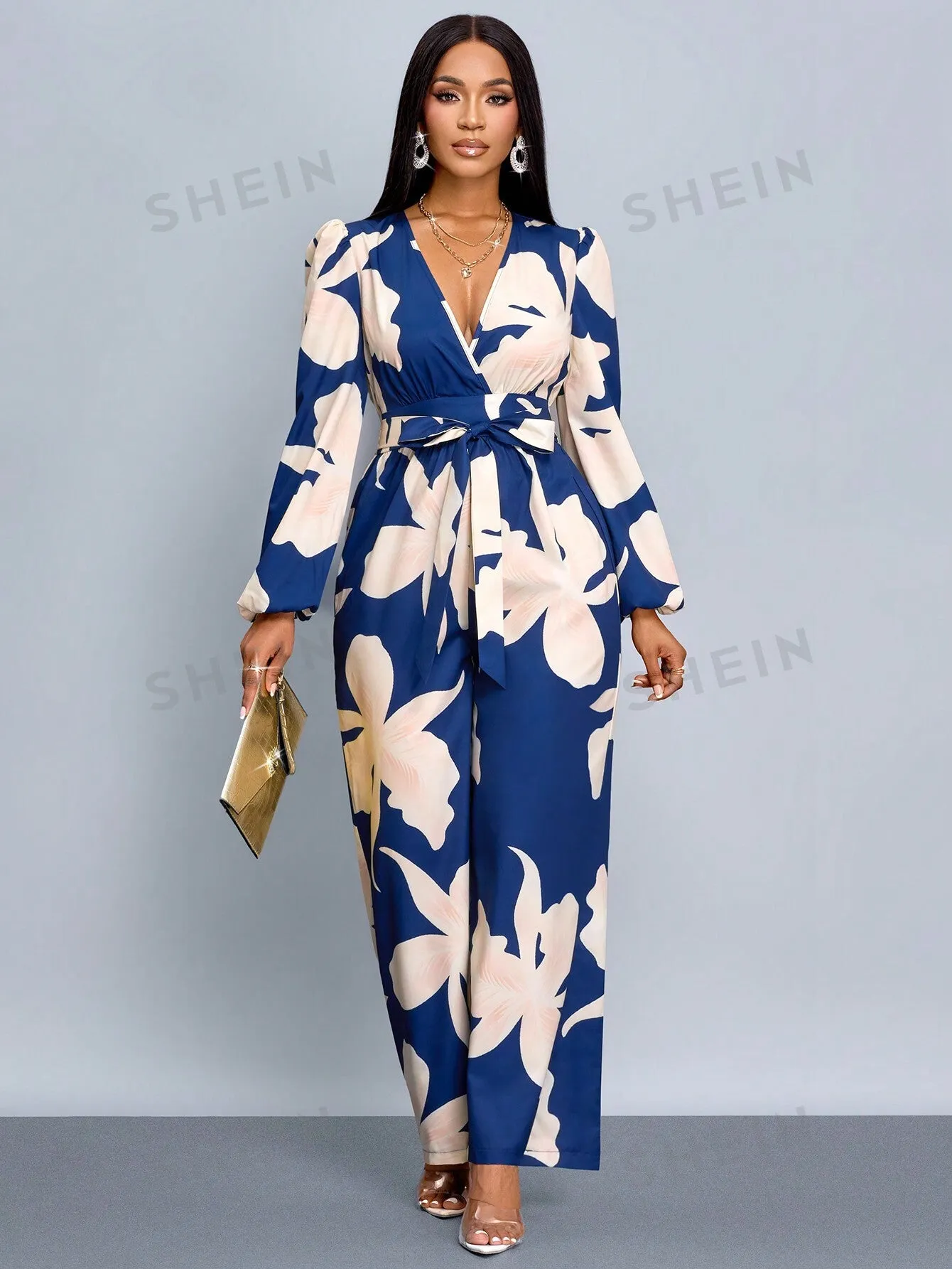 SOLERSUN Floral Print Lantern Sleeve Wide Leg Jumpsuit (Random Floral)
