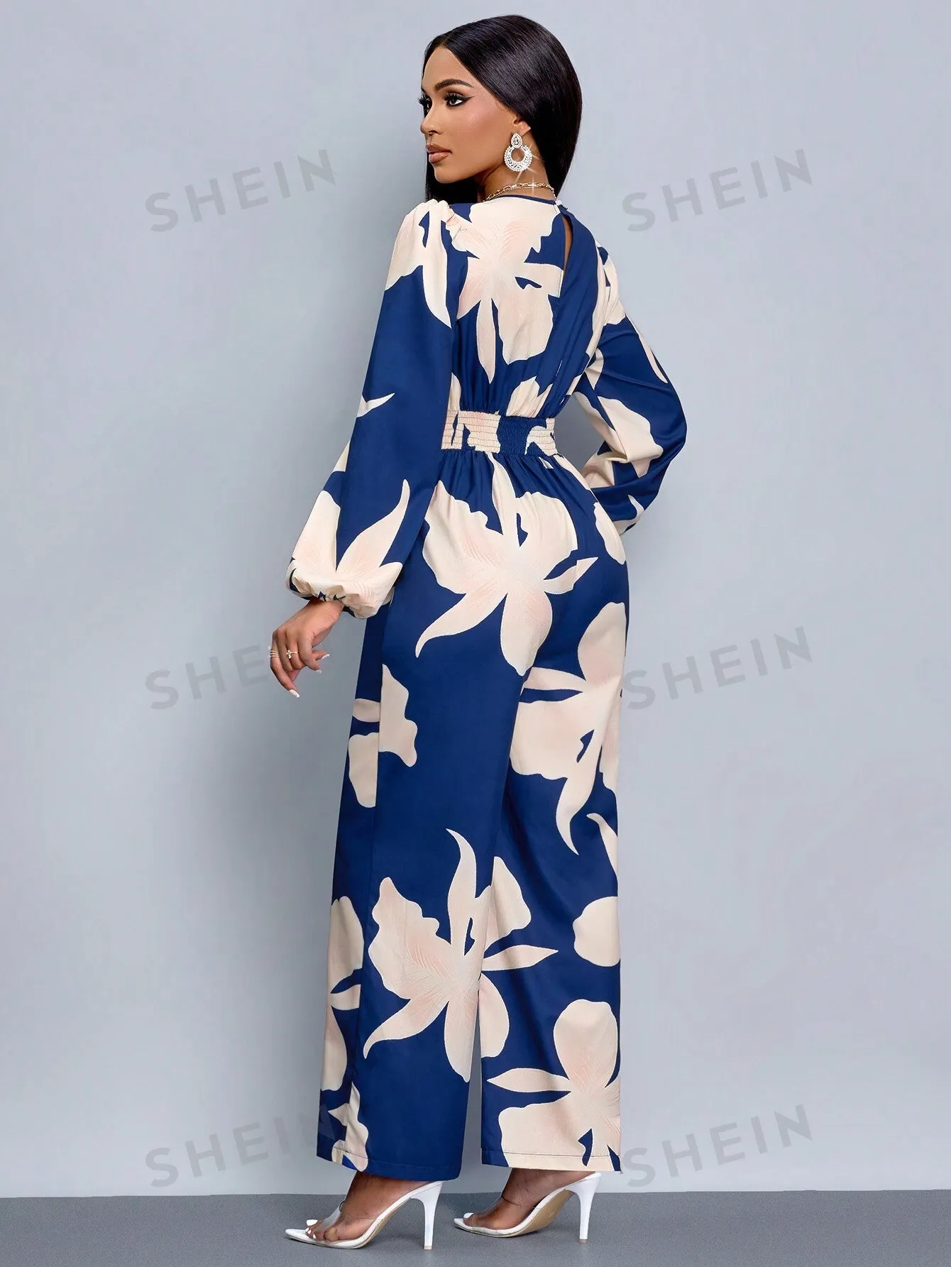 SOLERSUN Floral Print Lantern Sleeve Wide Leg Jumpsuit (Random Floral)