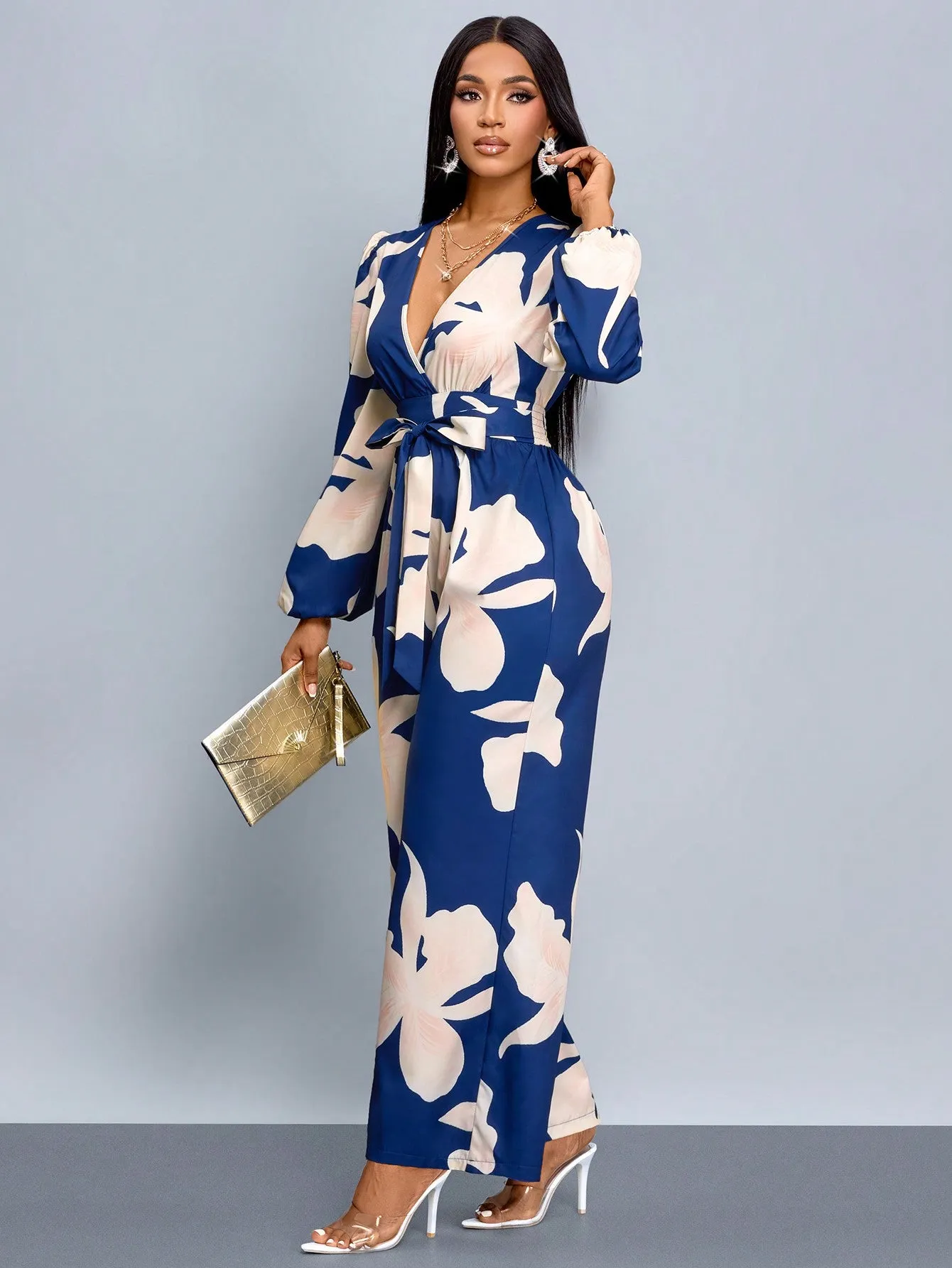 SOLERSUN Floral Print Lantern Sleeve Wide Leg Jumpsuit (Random Floral)