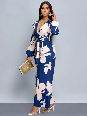 SOLERSUN Floral Print Lantern Sleeve Wide Leg Jumpsuit (Random Floral)