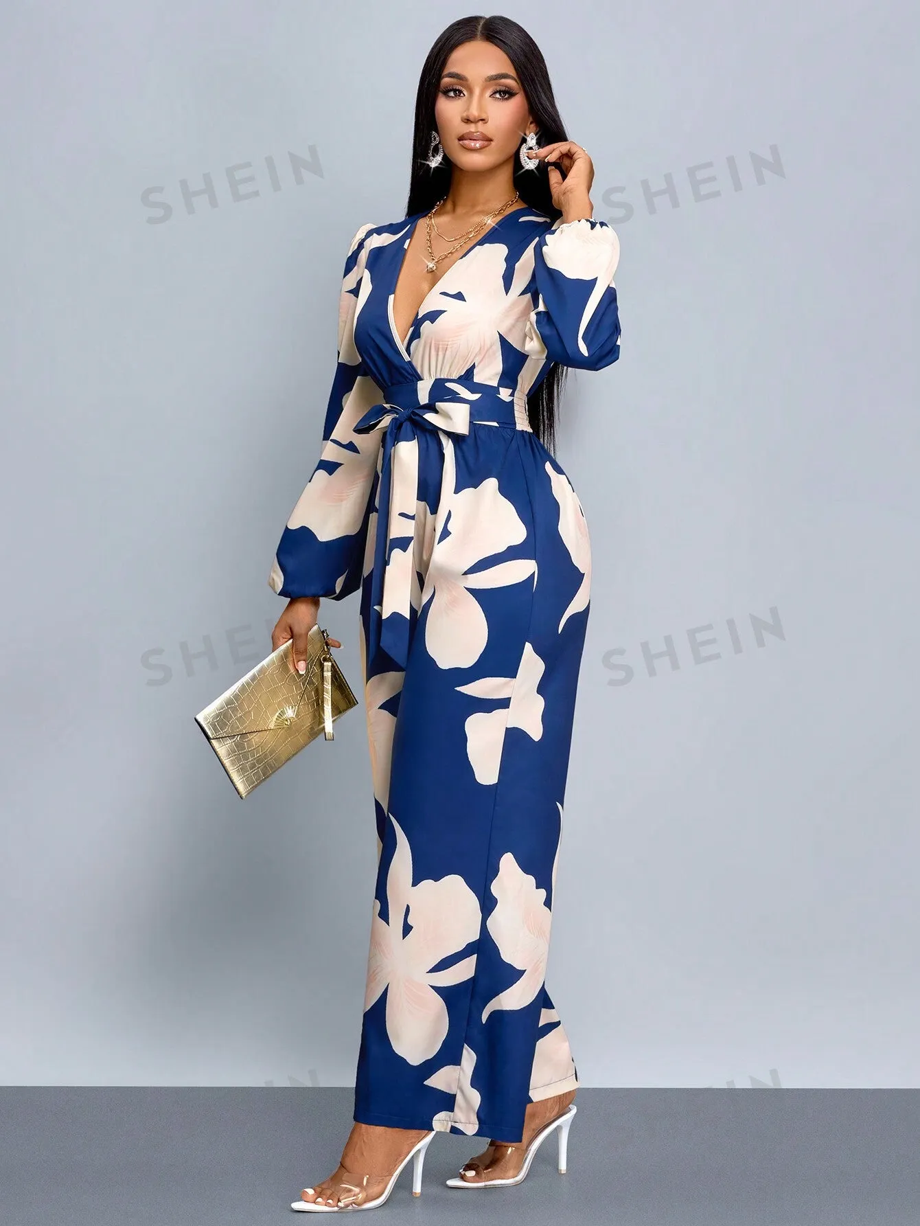 SOLERSUN Floral Print Lantern Sleeve Wide Leg Jumpsuit (Random Floral)