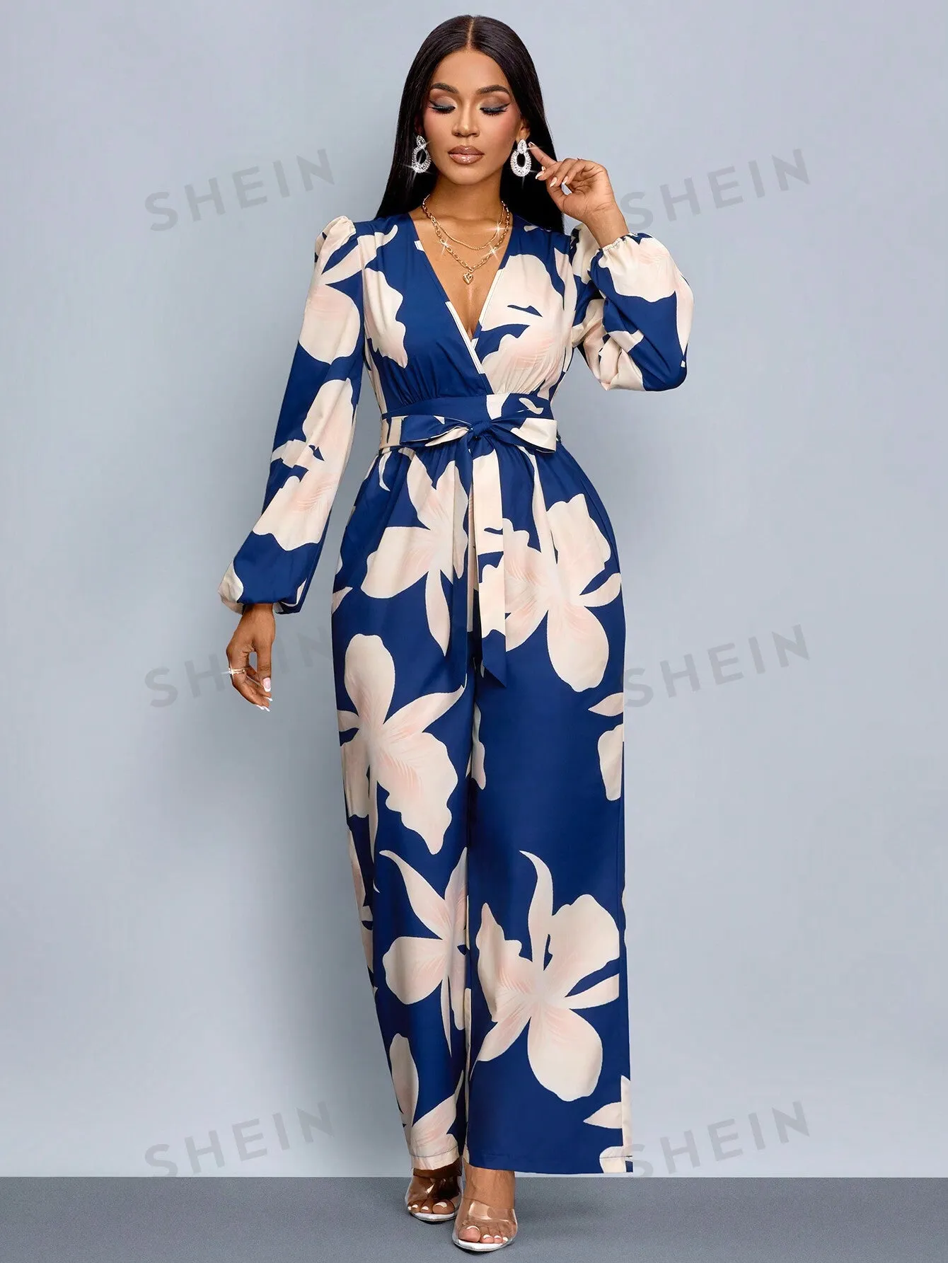 SOLERSUN Floral Print Lantern Sleeve Wide Leg Jumpsuit (Random Floral)