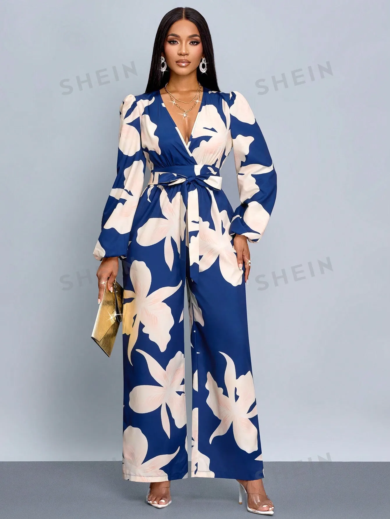 SOLERSUN Floral Print Lantern Sleeve Wide Leg Jumpsuit (Random Floral)
