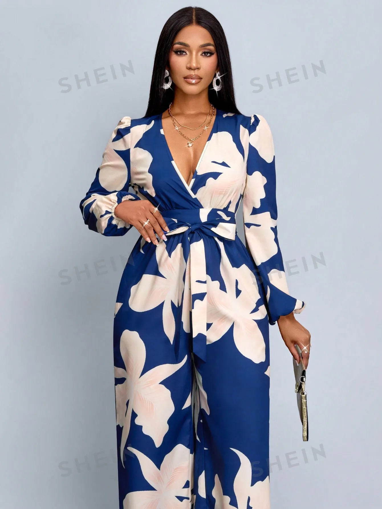 SOLERSUN Floral Print Lantern Sleeve Wide Leg Jumpsuit (Random Floral)