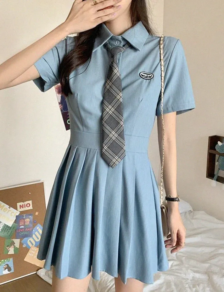 Solid Pleated Shirt Dress with Tie