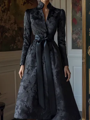 Sophisticated Satin Jacquard Dress with Floral Motif and Waistband