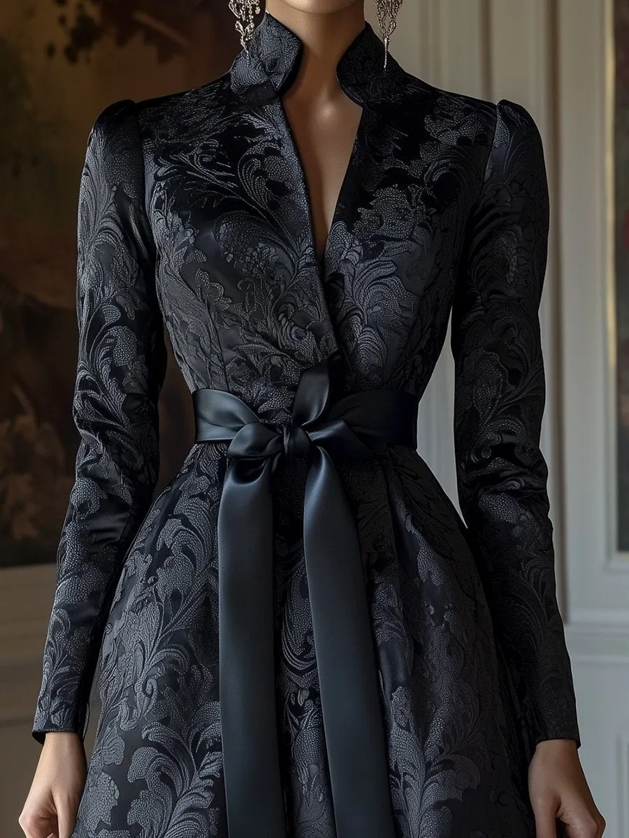 Sophisticated Satin Jacquard Dress with Floral Motif and Waistband