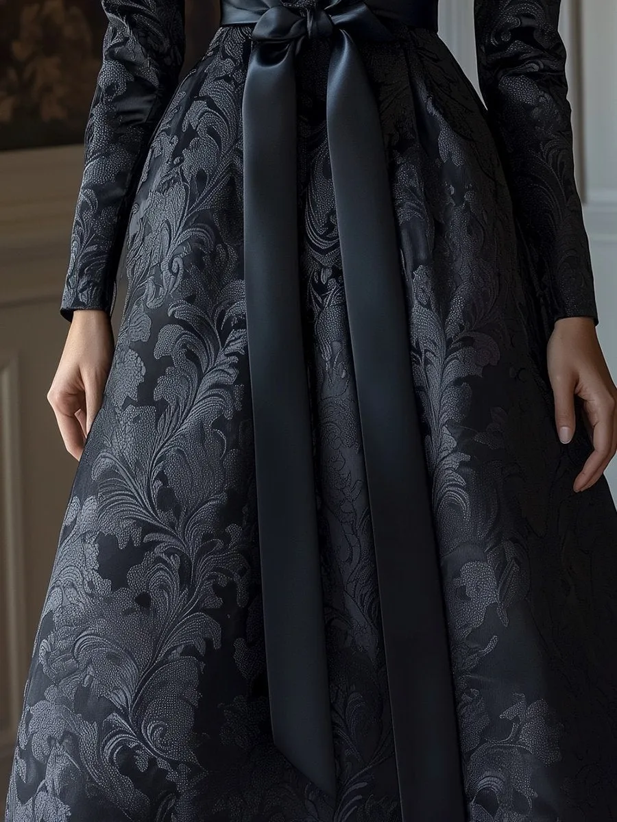 Sophisticated Satin Jacquard Dress with Floral Motif and Waistband