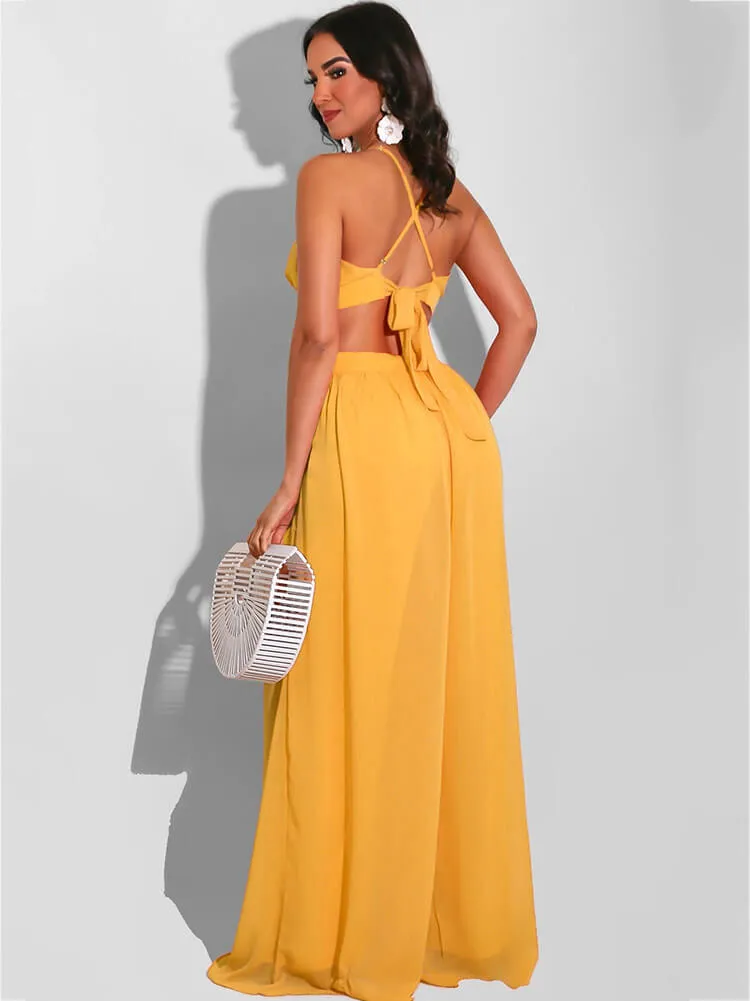 Spaghetti Strap Chiffon Backless Wide Leg Jumpsuit