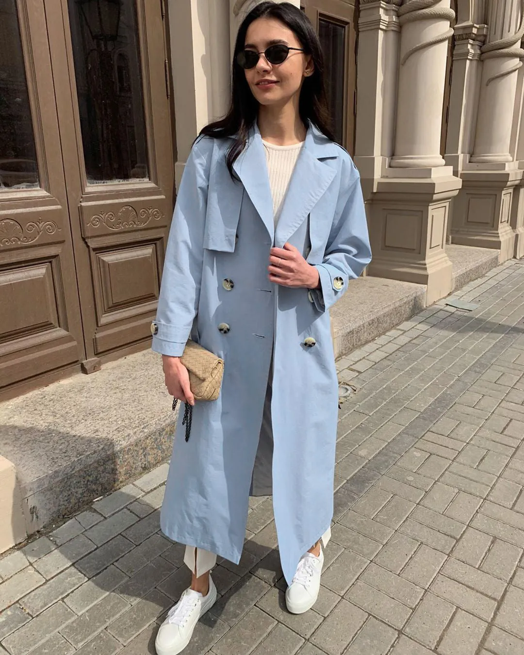 Splicing Lapel Lace-up Belt Windbreaker Coat