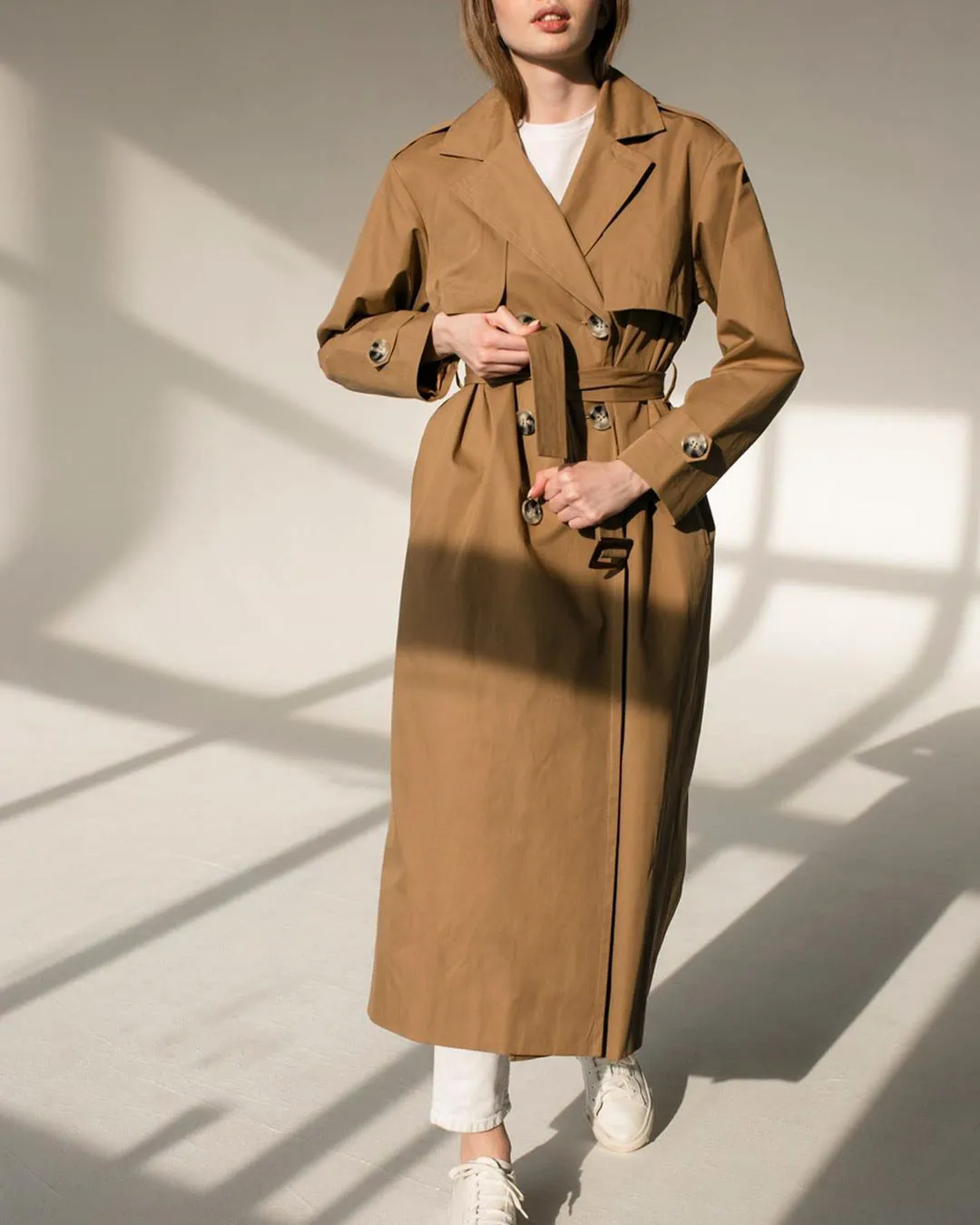 Splicing Lapel Lace-up Belt Windbreaker Coat