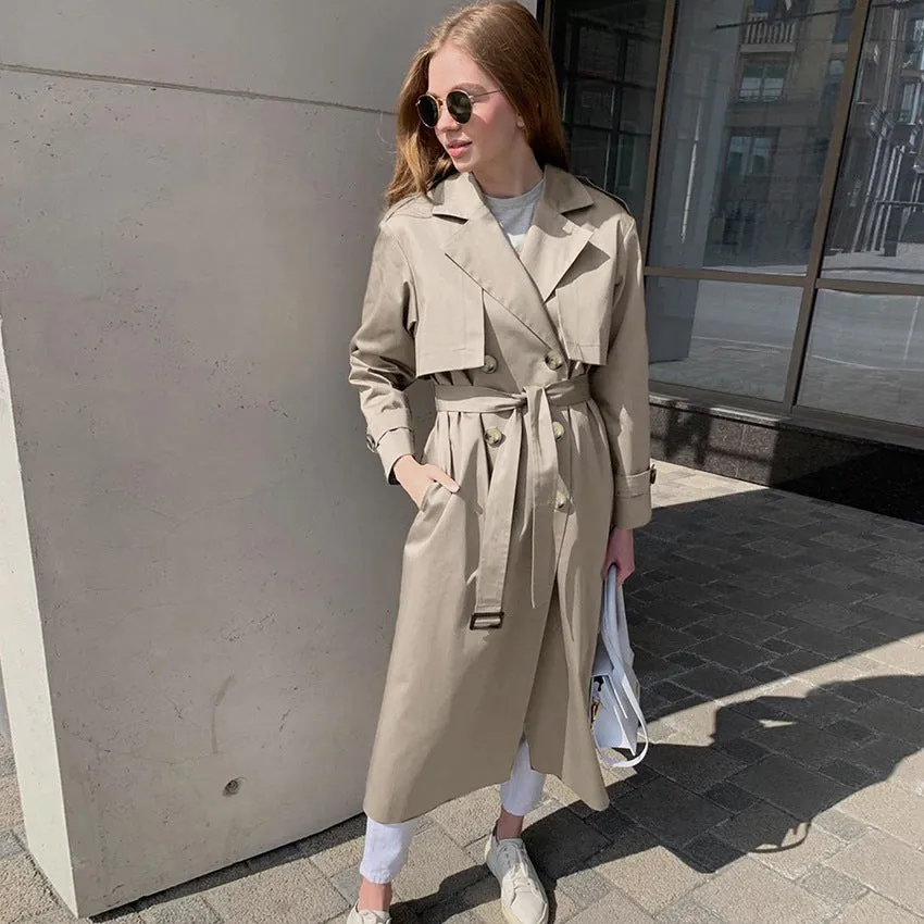 Splicing Lapel Lace-up Belt Windbreaker Coat