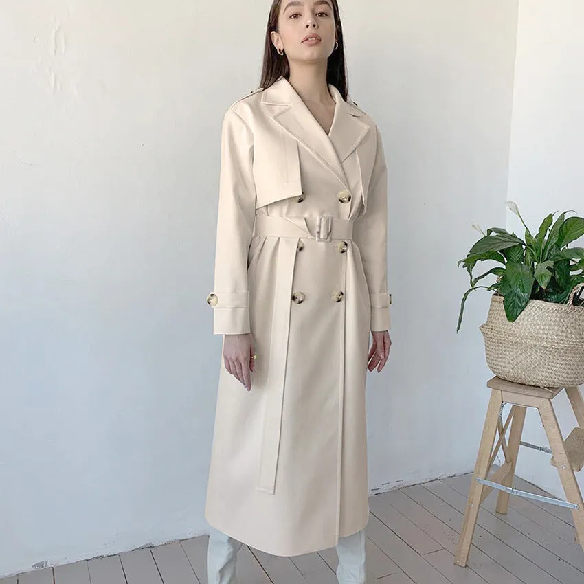Splicing Lapel Lace-up Belt Windbreaker Coat