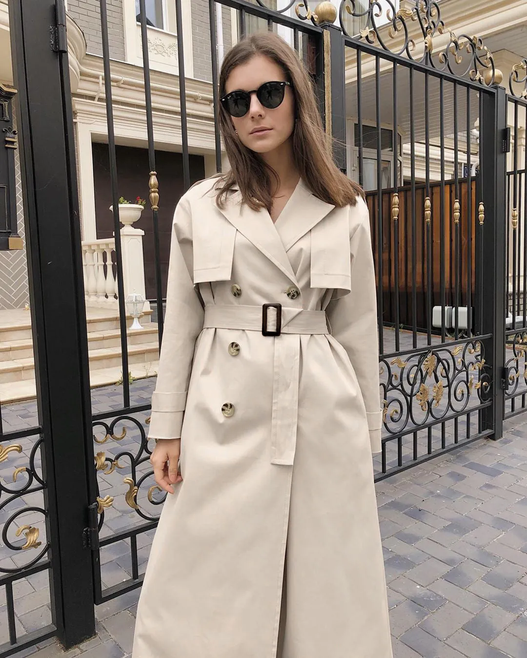 Splicing Lapel Lace-up Belt Windbreaker Coat