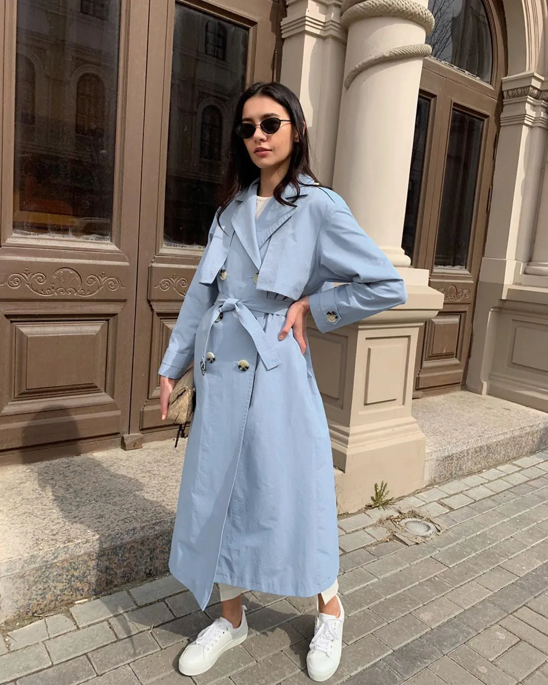 Splicing Lapel Lace-up Belt Windbreaker Coat