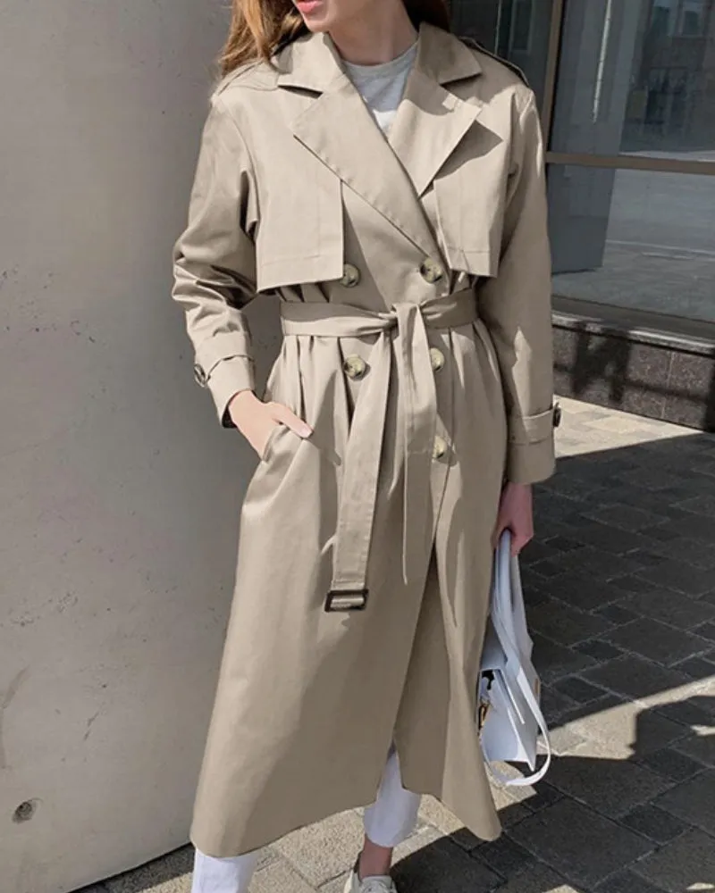 Splicing Lapel Lace-up Belt Windbreaker Coat