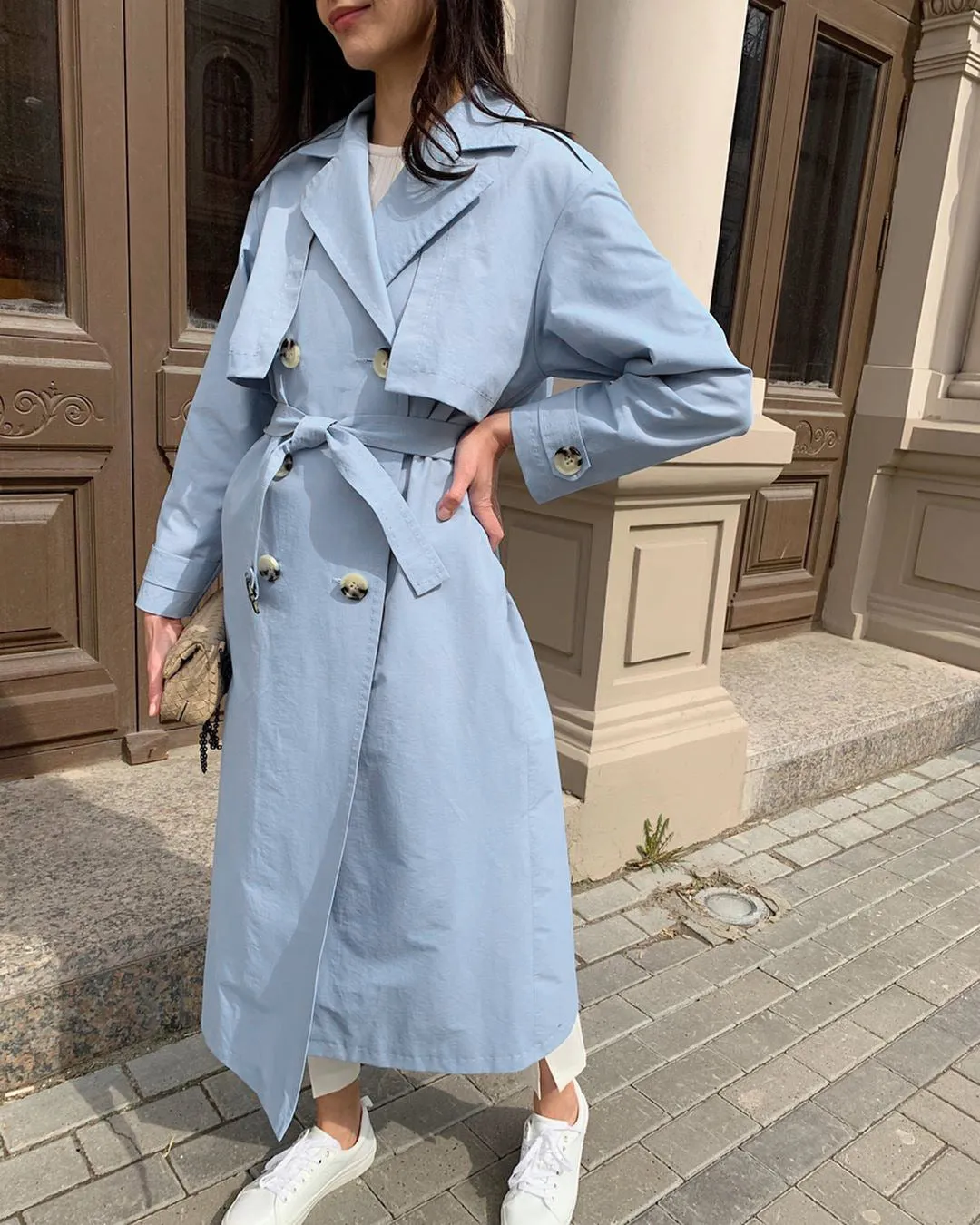Splicing Lapel Lace-up Belt Windbreaker Coat