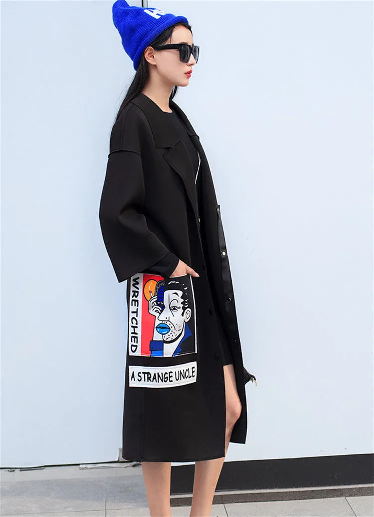 Spring Fashion/Casual Women's Trench Coat Long Outerwear Cartoon Loose Clothes Single Breasted Vestidos Plus Size