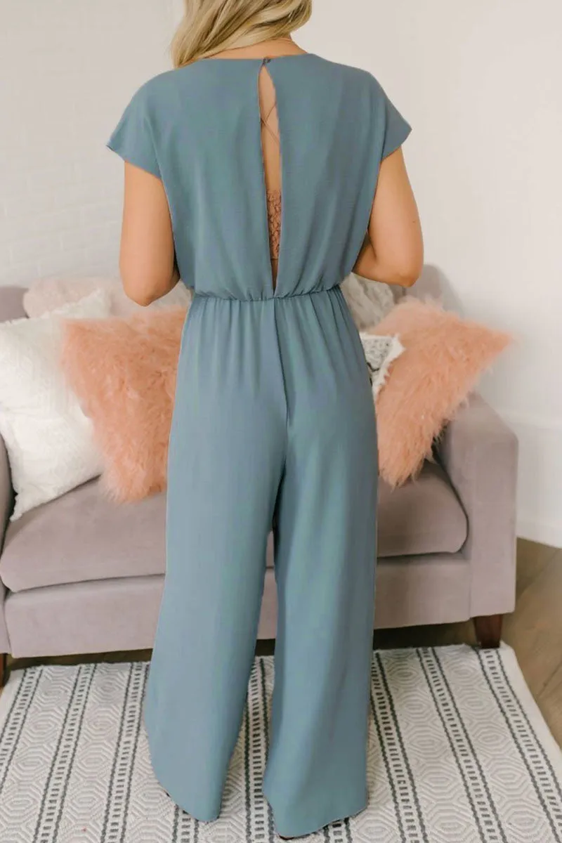 Street Solid Backless V Neck Loose Jumpsuits(3 Colors)
