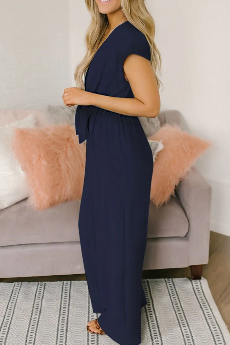 Street Solid Backless V Neck Loose Jumpsuits(3 Colors)