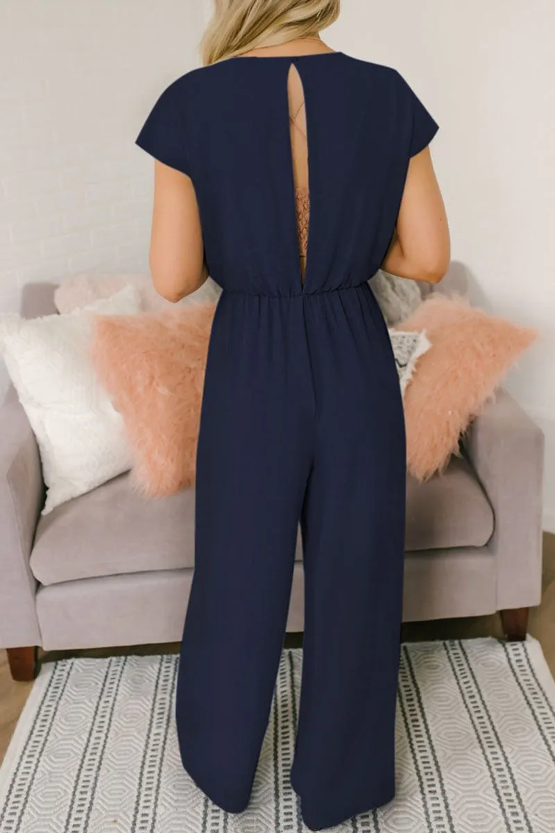 Street Solid Backless V Neck Loose Jumpsuits(3 Colors)