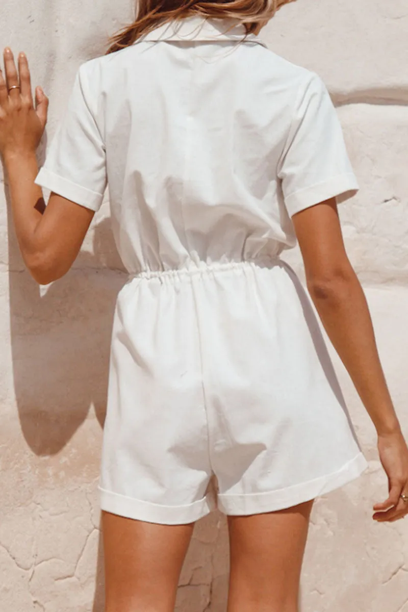Street Solid Patchwork Turndown Collar Loose Jumpsuits