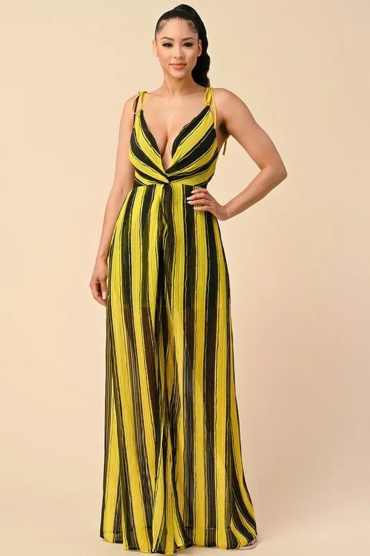 STRIPED LOW V-NECK MAXI DRESS