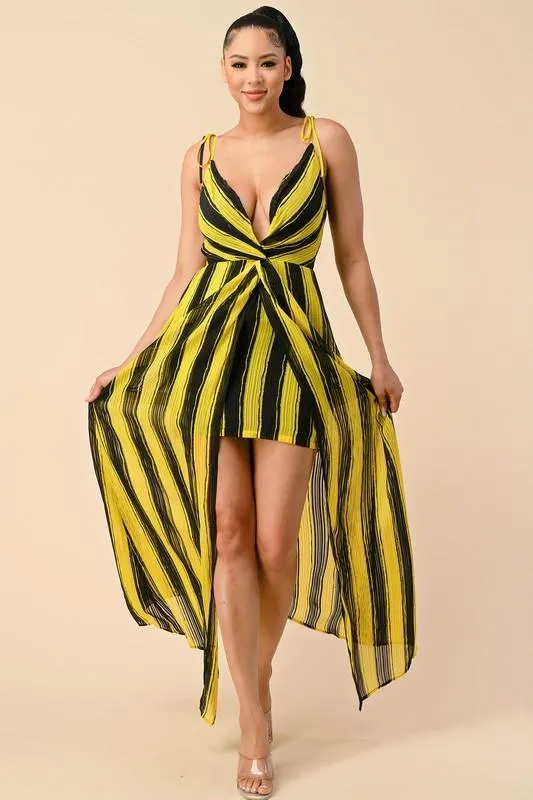 STRIPED LOW V-NECK MAXI DRESS
