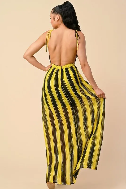 STRIPED LOW V-NECK MAXI DRESS