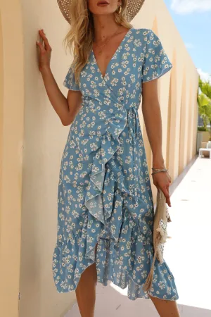 Sweet Elegant Floral Frenulum Flounce V Neck A Line Dresses