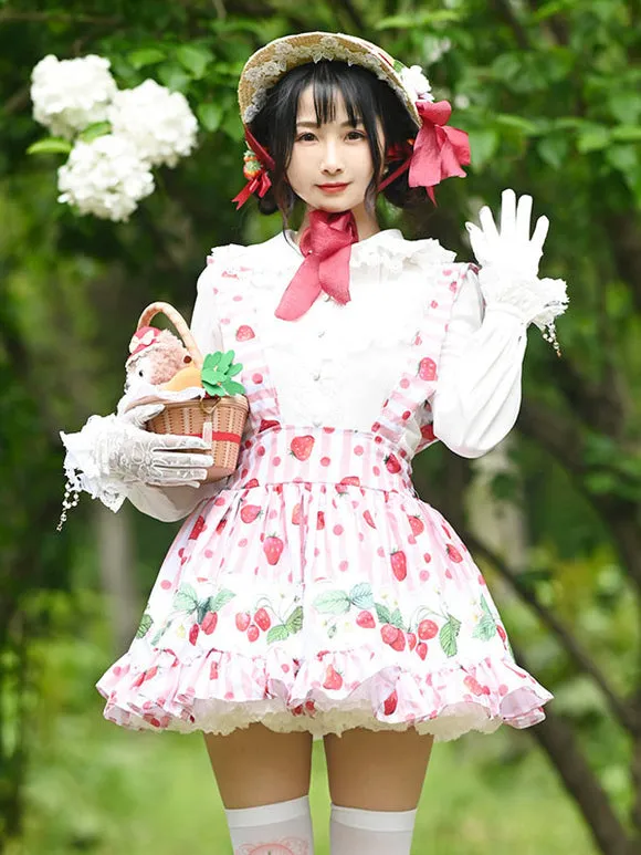 Sweet Lolita Overskirt Lace Pink Fruit Floral Print Leaf Pattern Lolita Mini Skirts