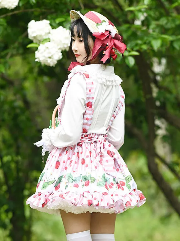 Sweet Lolita Overskirt Lace Pink Fruit Floral Print Leaf Pattern Lolita Mini Skirts