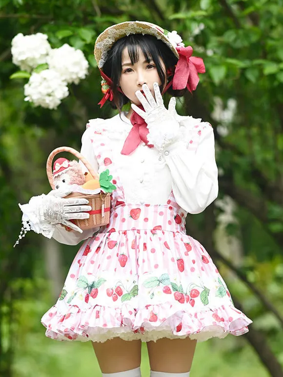 Sweet Lolita Overskirt Lace Pink Fruit Floral Print Leaf Pattern Lolita Mini Skirts