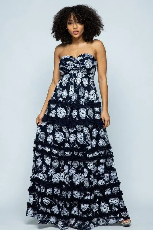 TIERED FLORAL PRINT MAXI TUBE DRESS
