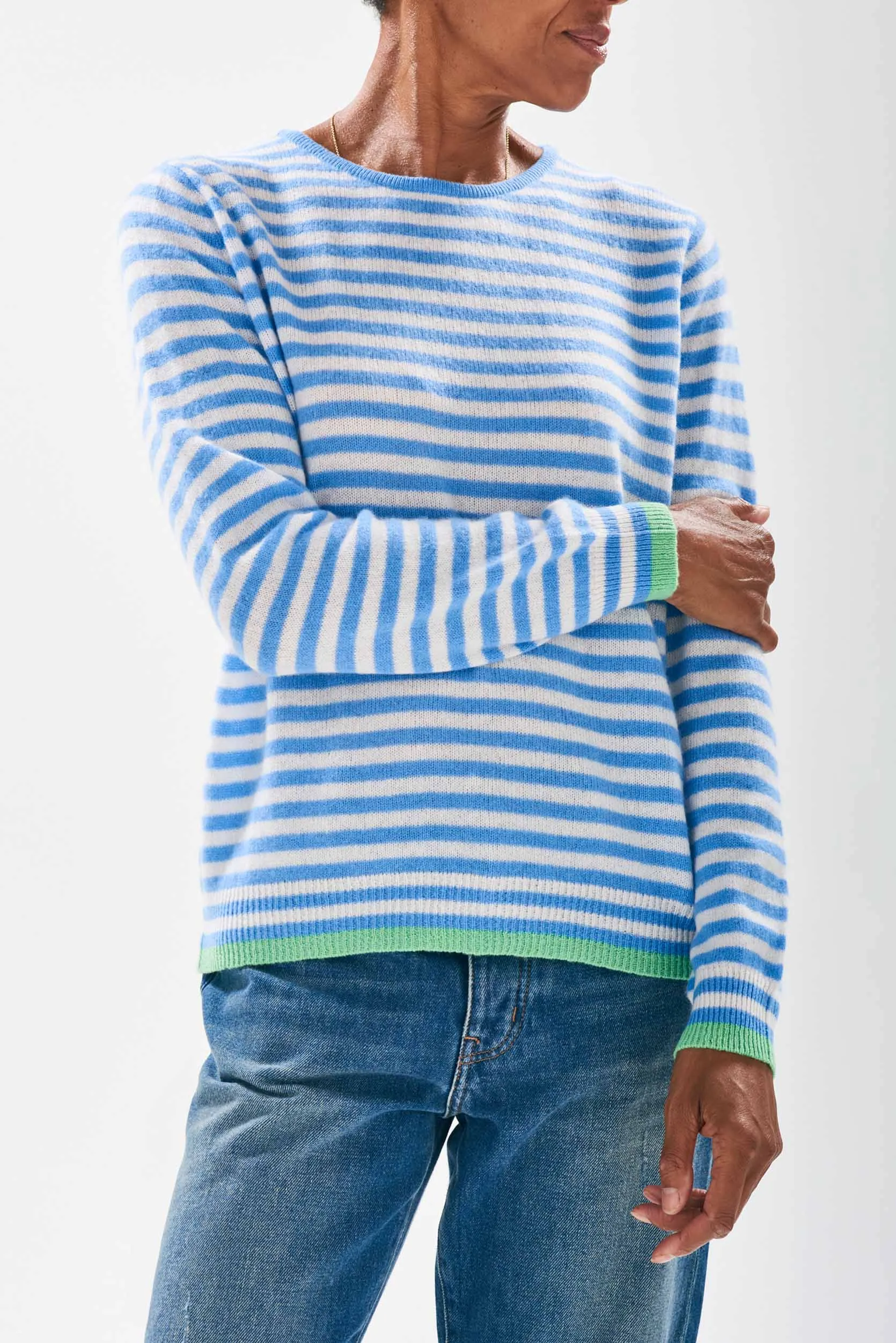 Tipped Little Stripe Crew - Sky